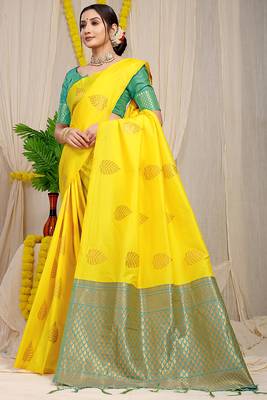 Yellow banarasi silk blend saree with gold leaf buttis & woven border 2