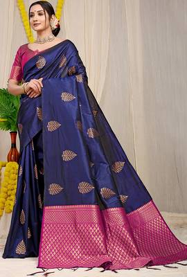Navy blue banarasi silk blend saree with gold leaf buttis & woven border 1