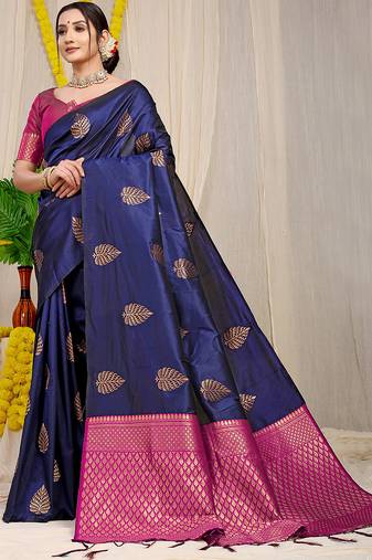 Navy blue banarasi silk blend saree with gold leaf buttis & woven border