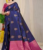 Navy blue banarasi silk blend saree with gold leaf buttis & woven border