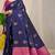 Navy blue banarasi silk blend saree with gold leaf buttis & woven border