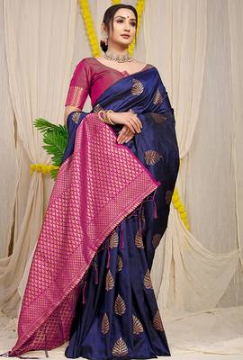 Navy blue banarasi silk blend saree with gold leaf buttis & woven border 2
