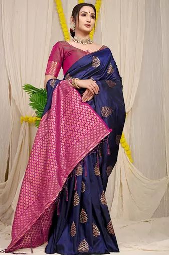 Navy blue banarasi silk blend saree with gold leaf buttis & woven border