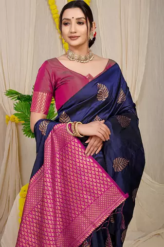 Navy blue banarasi silk blend saree with gold leaf buttis & woven border