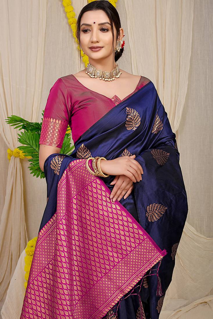 Navy blue banarasi silk blend saree with gold leaf buttis & woven border