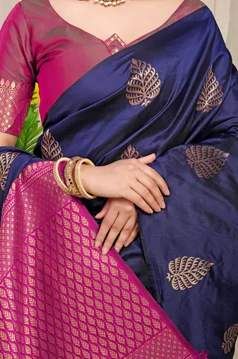 Navy blue banarasi silk blend saree with gold leaf buttis & woven border