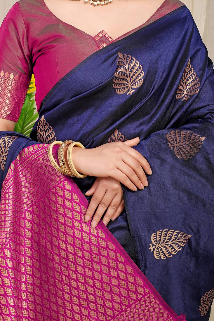 Navy blue banarasi silk blend saree with gold leaf buttis & woven border