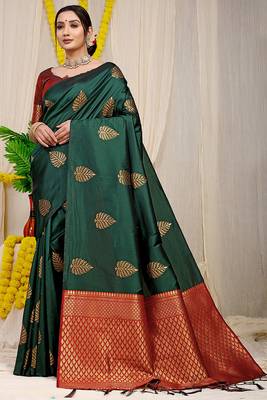 Bottle green banarasi silk blend saree with gold leaf buttis & woven border 1