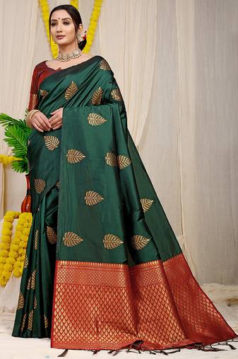 Bottle green banarasi silk blend saree with gold leaf buttis & woven border