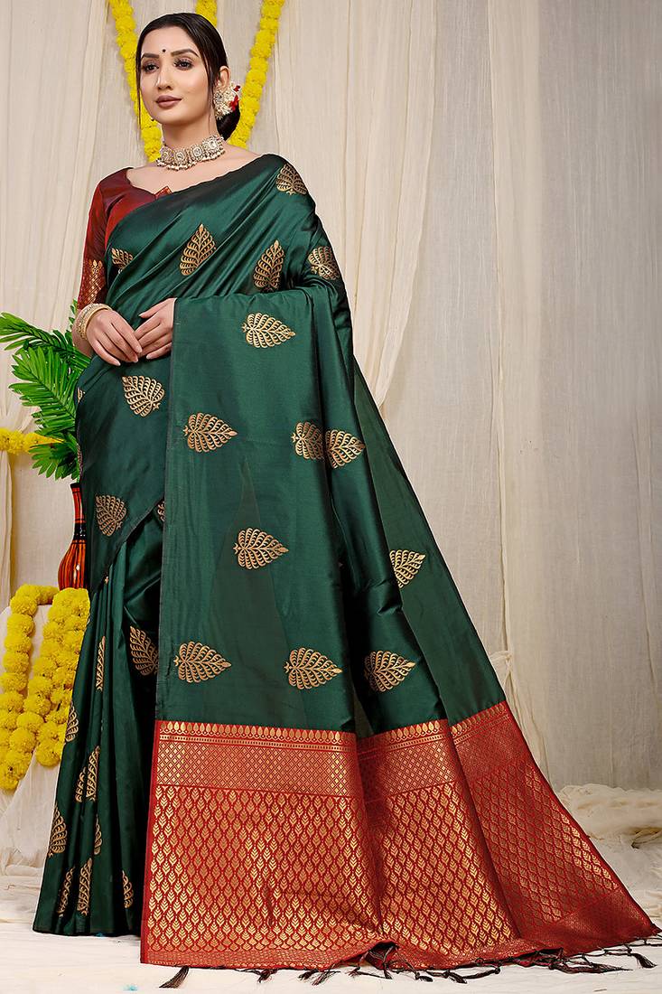 Bottle green banarasi silk blend saree with gold leaf buttis & woven border