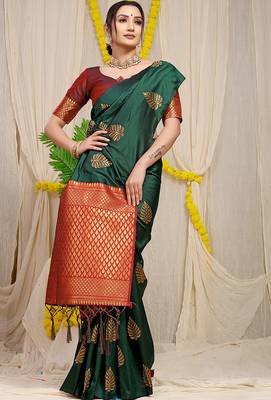Bottle green banarasi silk blend saree with gold leaf buttis & woven border 2