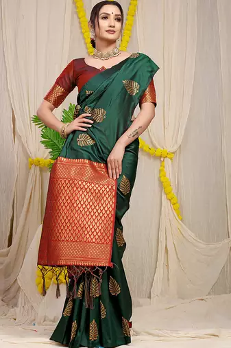 Bottle green banarasi silk blend saree with gold leaf buttis & woven border