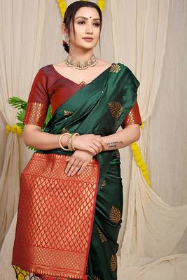 Bottle green banarasi silk blend saree with gold leaf buttis & woven border 3