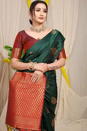 Bottle green banarasi silk blend saree with gold leaf buttis & woven border