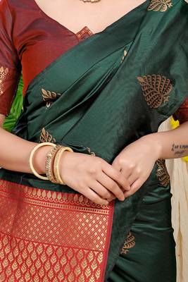 Bottle green banarasi silk blend saree with gold leaf buttis & woven border 4