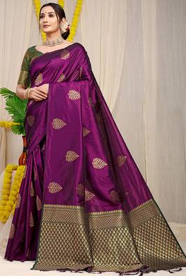Wine banarasi silk blend saree with gold leaf buttis & woven border 1