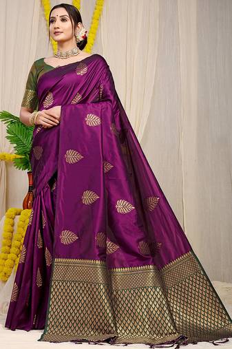 Wine banarasi silk blend saree with gold leaf buttis & woven border