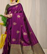 Wine banarasi silk blend saree with gold leaf buttis & woven border
