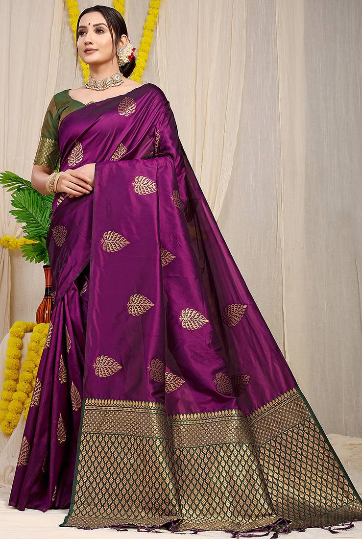 Wine banarasi silk blend saree with gold leaf buttis & woven border
