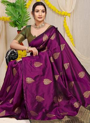 Wine banarasi silk blend saree with gold leaf buttis & woven border 2