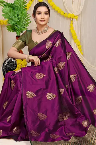 Wine banarasi silk blend saree with gold leaf buttis & woven border