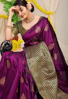 Wine banarasi silk blend saree with gold leaf buttis & woven border 3