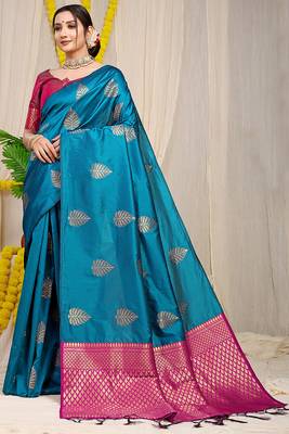 Teal blue banarasi silk blend saree with gold leaf buttis & woven border 1