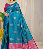 Teal blue banarasi silk blend saree with gold leaf buttis & woven border