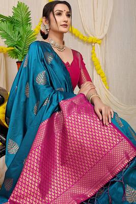 Teal blue banarasi silk blend saree with gold leaf buttis & woven border 2