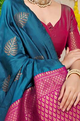 Teal blue banarasi silk blend saree with gold leaf buttis & woven border 4