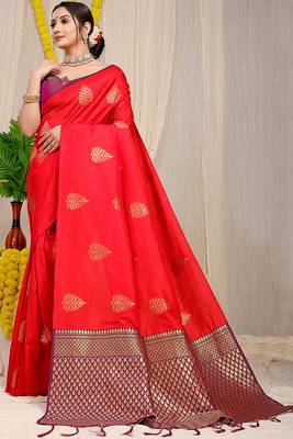 Red banarasi silk blend saree with gold leaf buttis & woven border 1