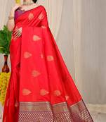 Red banarasi silk blend saree with gold leaf buttis & woven border