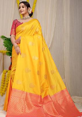Mustard yellow banarasi silk blend saree with gold leaf buttis & woven border 1