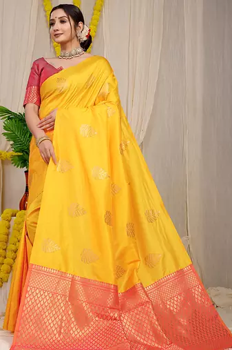 Mustard yellow banarasi silk blend saree with gold leaf buttis & woven border