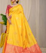 Mustard yellow banarasi silk blend saree with gold leaf buttis & woven border
