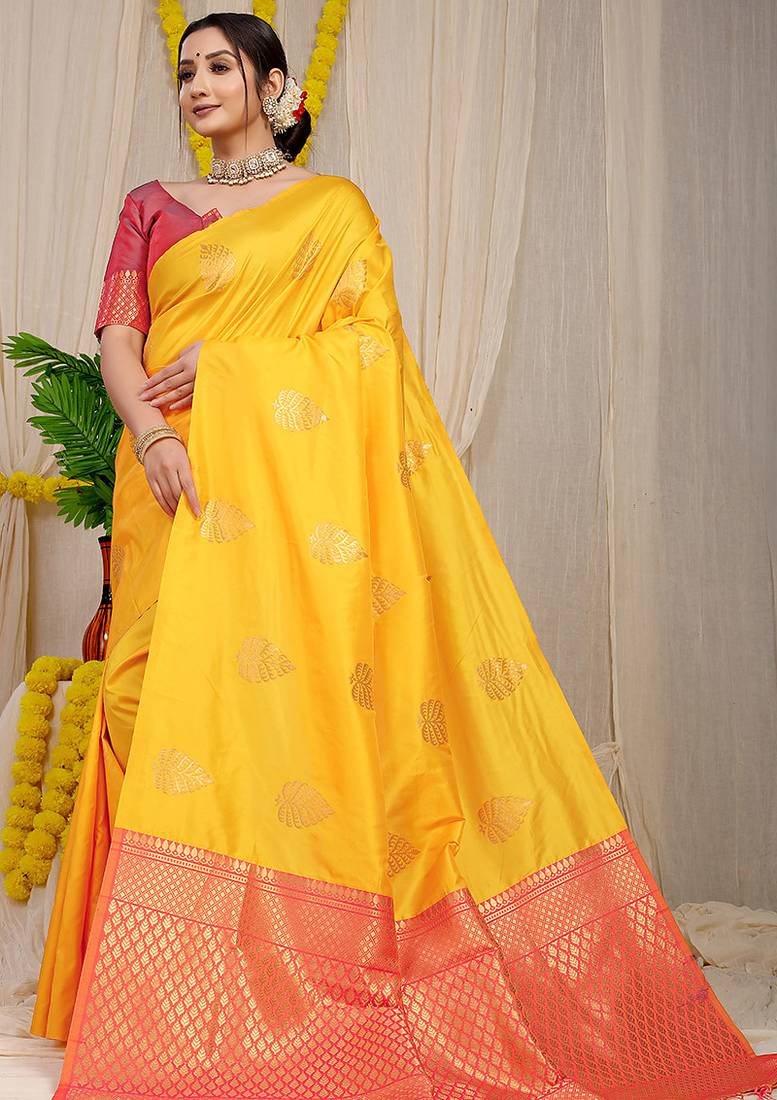 Mustard yellow banarasi silk blend saree with gold leaf buttis & woven border