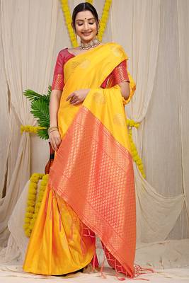 Mustard yellow banarasi silk blend saree with gold leaf buttis & woven border 2