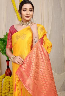 Mustard yellow banarasi silk blend saree with gold leaf buttis & woven border 3