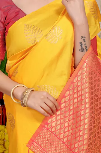 Mustard yellow banarasi silk blend saree with gold leaf buttis & woven border