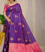 Purple banarasi silk blend saree with gold leaf buttis & woven border