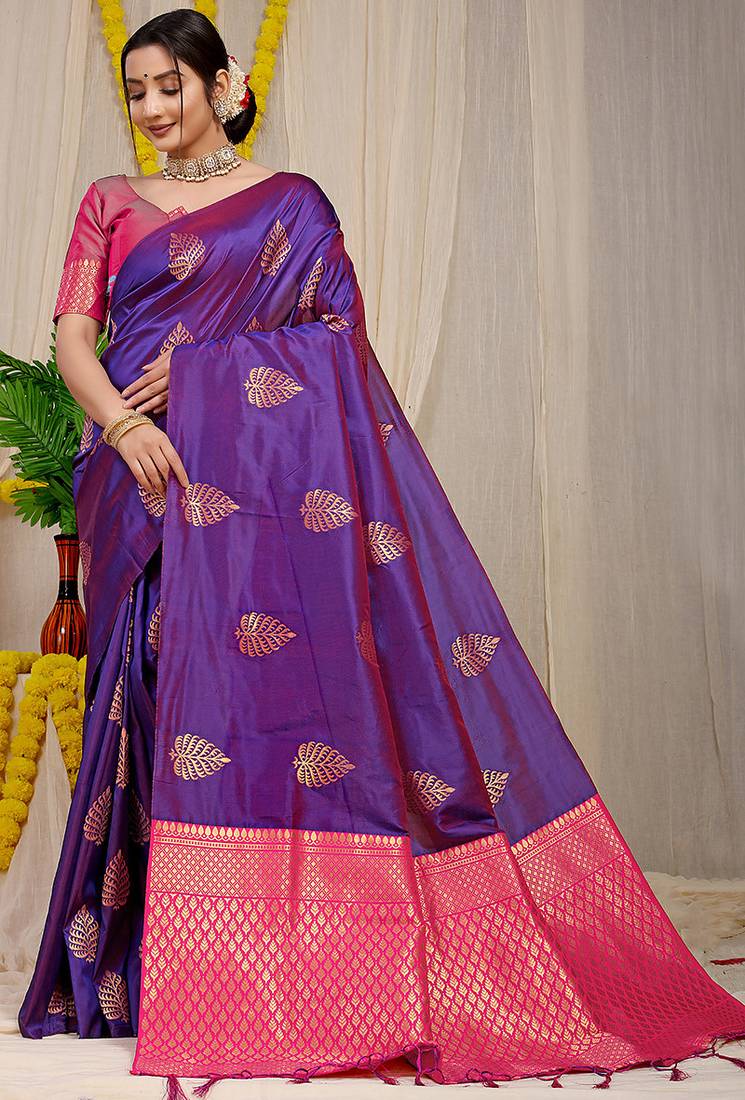 Purple banarasi silk blend saree with gold leaf buttis & woven border