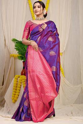 Purple banarasi silk blend saree with gold leaf buttis & woven border 2