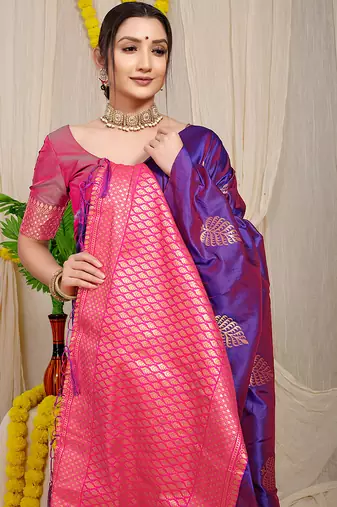 Purple banarasi silk blend saree with gold leaf buttis & woven border