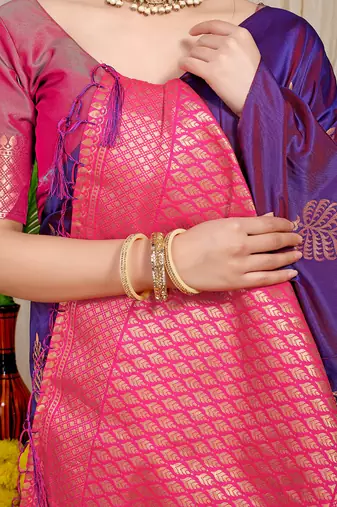 Purple banarasi silk blend saree with gold leaf buttis & woven border