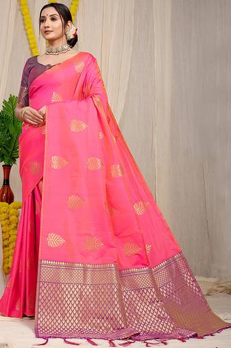 Pink banarasi silk blend saree with gold leaf buttis & woven border