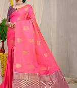 Pink banarasi silk blend saree with gold leaf buttis & woven border