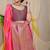 Pink banarasi silk blend saree with gold leaf buttis & woven border