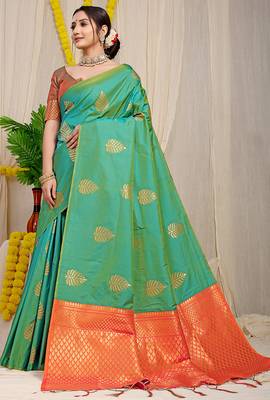 Sea green banarasi silk blend saree with gold leaf buttis & woven border 1