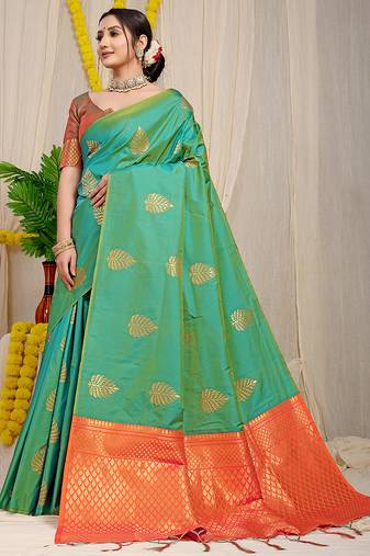 Sea green banarasi silk blend saree with gold leaf buttis & woven border