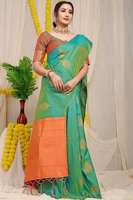 Sea green banarasi silk blend saree with gold leaf buttis & woven border 2